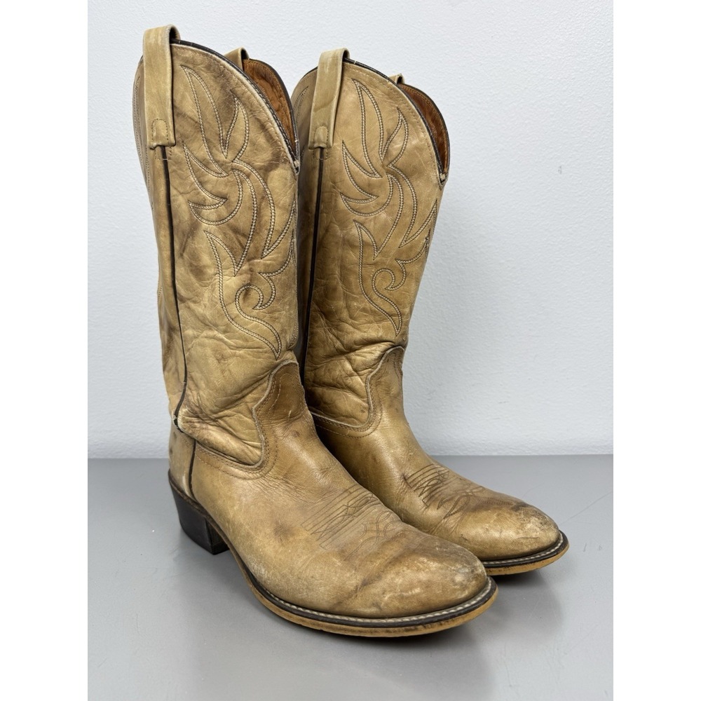 Vintage Abilene Cowboy Boots Mens 9.5 D Brown Beige Leather Distressed Western